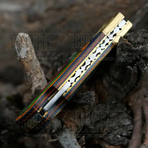 HANDMADE DAMASCUS STEEL POCKET KNIFE - Folding Knife- Stain Wood Handle With Engraved Brass Eagle Bolster WH 5045