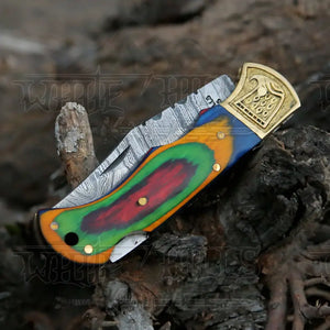 HANDMADE DAMASCUS STEEL POCKET KNIFE - Folding Knife- Stain Wood Handle With Engraved Brass Eagle Bolster WH 5045