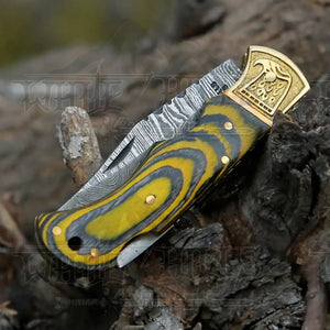 HANDMADE DAMASCUS STEEL POCKET KNIFE - Folding Knife- Stain Wood Handle With Engraved Brass Eagle Bolster WH 5047