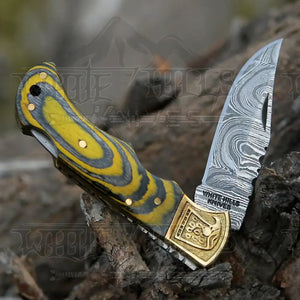 HANDMADE DAMASCUS STEEL POCKET KNIFE - Folding Knife- Stain Wood Handle With Engraved Brass Eagle Bolster WH 5047