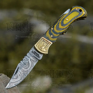 HANDMADE DAMASCUS STEEL POCKET KNIFE - Folding Knife- Stain Wood Handle With Engraved Brass Eagle Bolster WH 5047