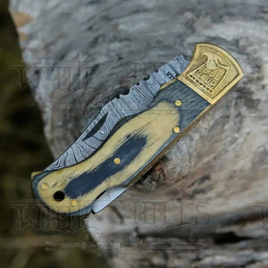 Handmade Damascus Pocket Knife-Camping Folding Blade With Pakka Wood Handle