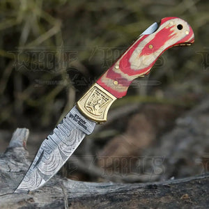HANDMADE DAMASCUS STEEL POCKET KNIFE - Folding Knife- Stain Wood Handle With Engraved Brass Eagle Bolster WH 5049