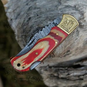 HANDMADE DAMASCUS STEEL POCKET KNIFE - Folding Knife- Stain Wood Handle With Engraved Brass Eagle Bolster WH 5049