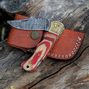 HANDMADE DAMASCUS STEEL POCKET KNIFE - Folding Knife- Stain Wood Handle With Engraved Brass Eagle Bolster WH 5049