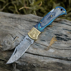 HANDMADE DAMASCUS STEEL POCKET KNIFE - Folding Knife- Stain Wood Handle With Engraved Brass Eagle Bolster WH 5050