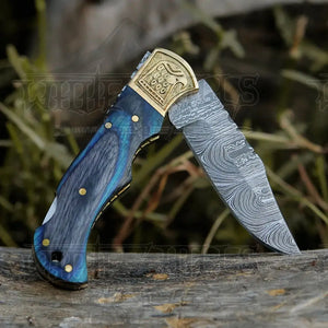 HANDMADE DAMASCUS STEEL POCKET KNIFE - Folding Knife- Stain Wood Handle With Engraved Brass Eagle Bolster WH 5050