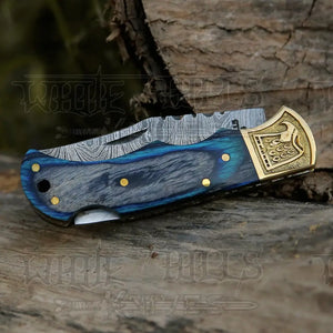 HANDMADE DAMASCUS STEEL POCKET KNIFE - Folding Knife- Stain Wood Handle With Engraved Brass Eagle Bolster WH 5050
