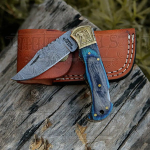 HANDMADE DAMASCUS STEEL POCKET KNIFE - Folding Knife- Stain Wood Handle With Engraved Brass Eagle Bolster WH 5050