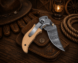 Handmade Damascus Steel Pocket Knife – Olive Wood Handle Folding Knife with Belt Clip | EDC Hunting Camping Knife Gift for Men