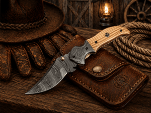 Handmade Damascus Steel Pocket Knife – Olive Wood Handle Folding Knife with Belt Clip | EDC Hunting Camping Knife Gift for Men