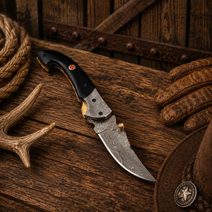 7.25" Western Folding Pocket Knife – Raindrop Damascus Blade & Buffalo Horn Handle