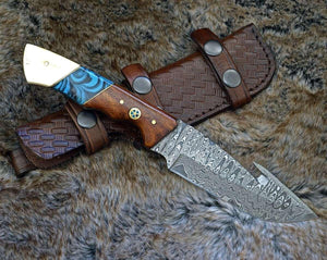 Harmony Gut Hook Hunting Knife with Rosewood Bone & Turquoise Handle - TRAPSKI