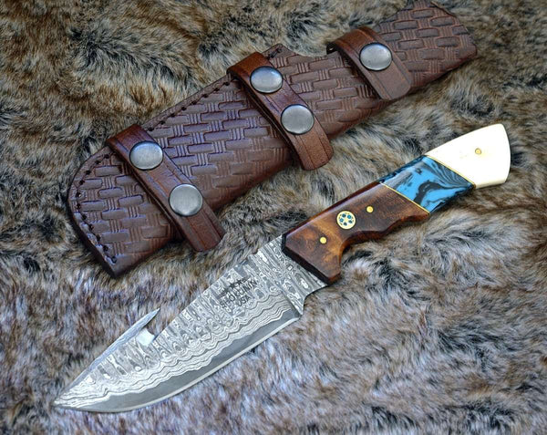 Harmony Gut Hook Hunting Knife with Rosewood Bone & Turquoise Handle