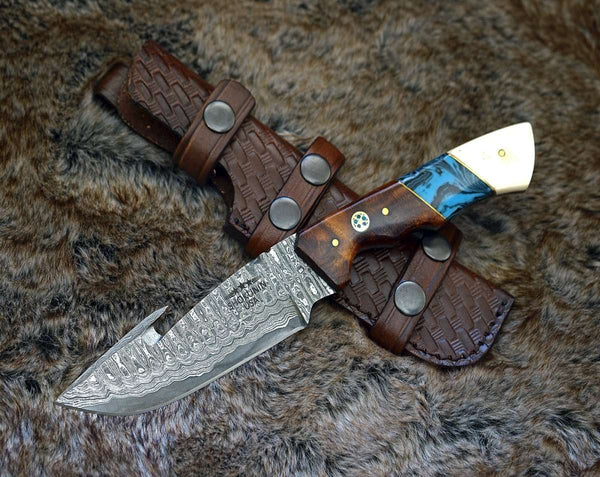 Harmony Gut Hook Hunting Knife with Rosewood Bone & Turquoise Handle