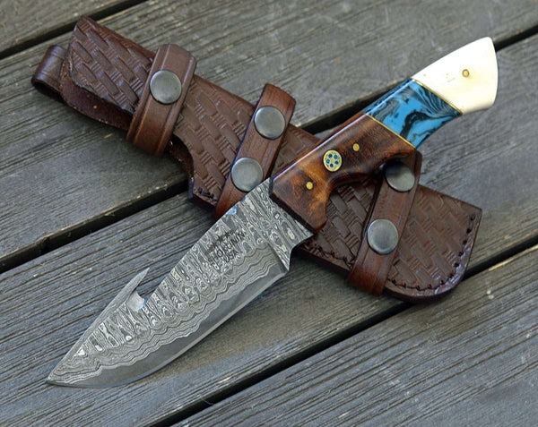 Harmony Gut Hook Hunting Knife with Rosewood Bone & Turquoise Handle