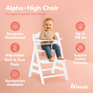 hauck Alpha+ Grow Along Adjustable Wooden Baby High Chair Seat, Beechwood, White
