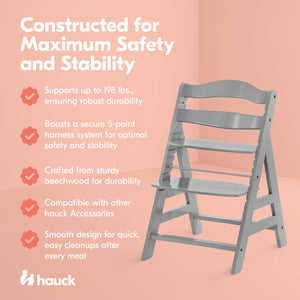 hauck Alpha+ Grow Along Adjustable Boosted Wooden Highchair, Beechwood, Grey