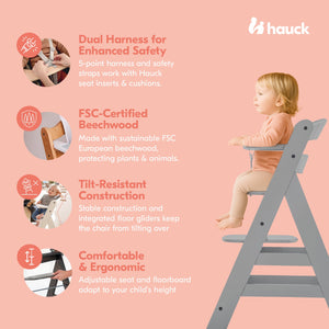 hauck Alpha+ Grow Along Adjustable Boosted Wooden Highchair, Beechwood, Grey