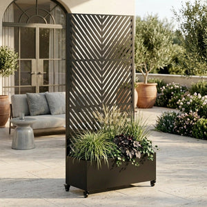 Metal Planter Box with Trellis with Wheels - Silver