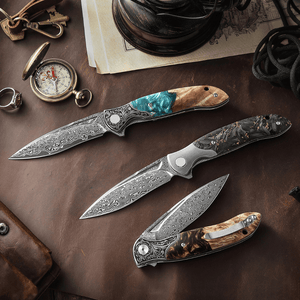 Helios Japanese Damascus Pocket Knife VG-10 with Exotic Stabilized Olive Burl Wood Handle - TRAPSKI