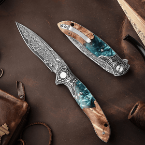 Helios Japanese Damascus Pocket Knife VG-10 with Exotic Stabilized Olive Burl Wood Handle - TRAPSKI