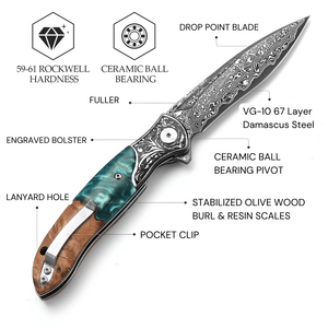 Helios Japanese Damascus Pocket Knife VG-10 with Exotic Stabilized Olive Burl Wood Handle - TRAPSKI