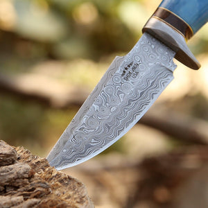 Hellfire Damascus Hunting Knife with Leather Sheath - TRAPSKI