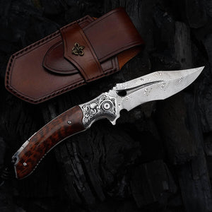 Heracles Damascus Folding Knife with Exotic Snake Wood Handle - TRAPSKI