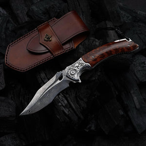 Heracles Damascus Folding Knife with Exotic Snake Wood Handle - TRAPSKI