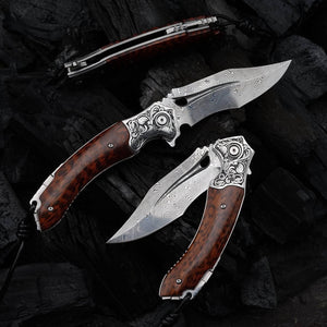 Heracles Damascus Folding Knife with Exotic Snake Wood Handle - TRAPSKI