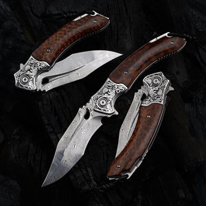Heracles Damascus Folding Knife with Exotic Snake Wood Handle - TRAPSKI