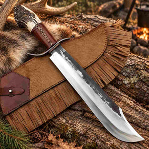 Handmade High Carbon Steel Bowie Knife with Stag Horn Handle and Leather Sheath