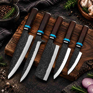 5 Piece Hammer Forged Kitchen Knife Set With Rosewood Handle