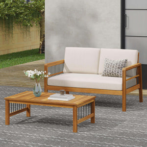 Outdoor Acacia Wood and Iron Loveseat and Coffee Table Set with Cushions, Teak