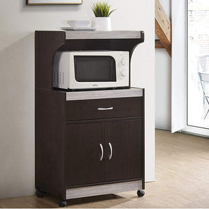 Hodedah Wheeled Microwave Cart with Drawer and Cabinet Storage, Chocolate Grey