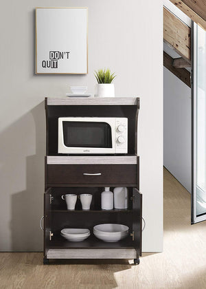 Hodedah Wheeled Microwave Cart with Drawer and Cabinet Storage, Chocolate Grey
