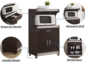 Hodedah Wheeled Microwave Cart with Drawer and Cabinet Storage, Chocolate Grey