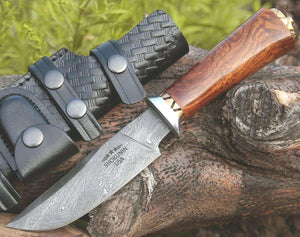 Holy Defender Damascus Hunting Knife with Exotic Rose Wood Handle - TRAPSKI