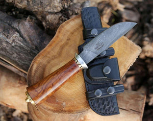 Holy Defender Damascus Hunting Knife with Exotic Rose Wood Handle - TRAPSKI