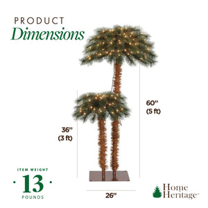 Home Heritage Palm Tree 5' & 3' Pre-Lit Artificial Tropical Double Holiday Tree