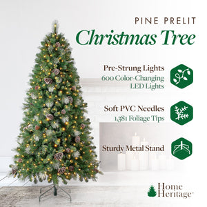 Home Heritage Lincoln 7' Pre-Lit Artificial Christmas Tree, Pinecones & Glitter