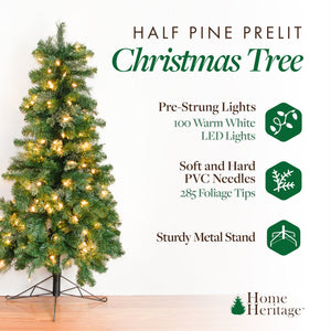 Home Heritage Half Pine 5' Pre-Lit Artificial Christmas Tree, 100 Warm White LED