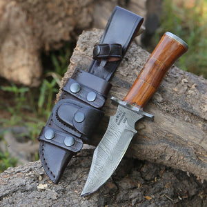 Hornet Custom Damascus Hunting Knife with Exotic Rose Wood Handle & Sheath - TRAPSKI