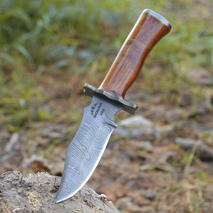 Hornet Custom Damascus Hunting Knife with Exotic Rose Wood Handle & Sheath - TRAPSKI