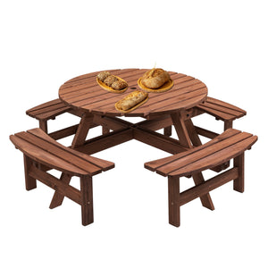8 Person Wooden Picnic Table with Umbrella Hole - Brown