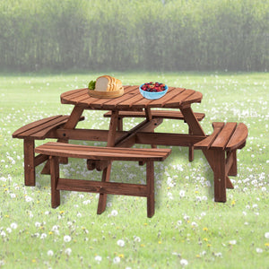 8 Person Wooden Picnic Table with Umbrella Hole - Brown