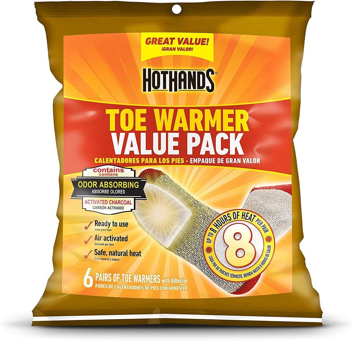 HotHands Toe Warmers - Long Lasting Safe Natural Odorless Air Activated Warmers - Up to 8 Hours of Heat - 6 Pair Bag