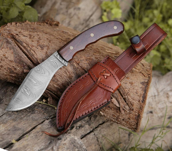 Huntsman Damascus Kukri Knife with Exotic Rose Wood Handle