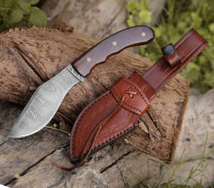 Huntsman Damascus Kukri Knife with Exotic Rose Wood Handle - TRAPSKI